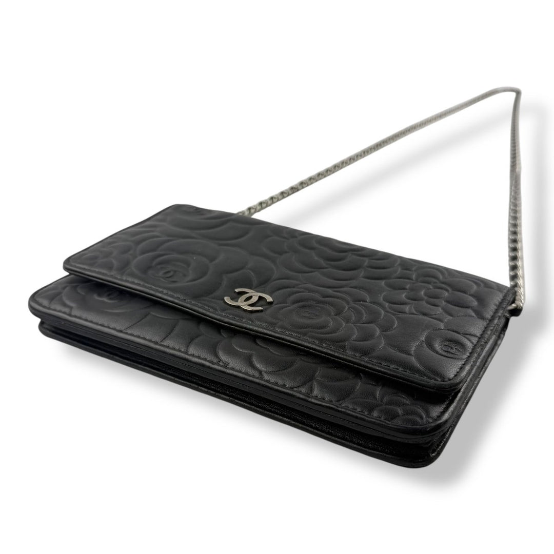 CHANEL Lambskin Quilted Camelia Wallet On Chain WOC Black Handbag - Lux Central