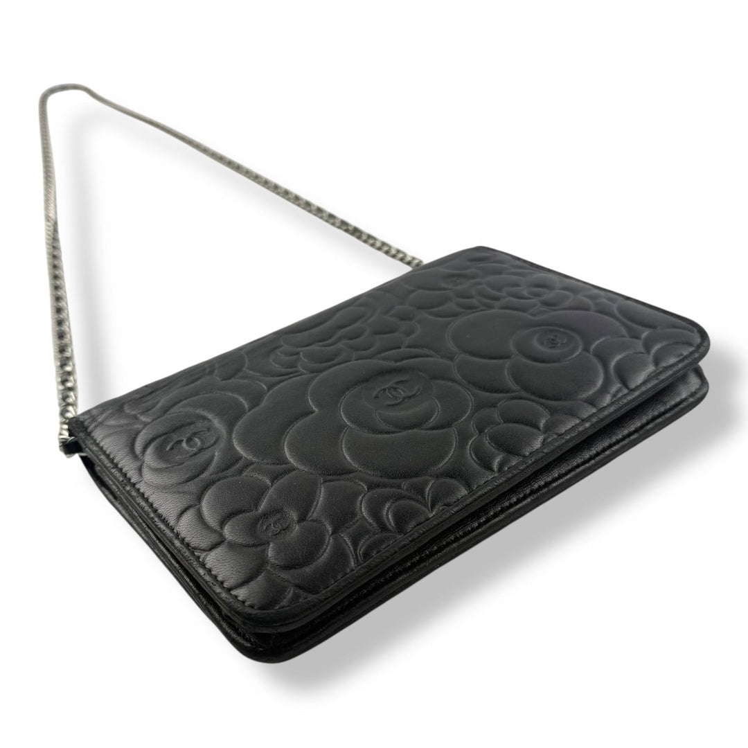 CHANEL Lambskin Quilted Camelia Wallet On Chain WOC Black Handbag - Lux Central