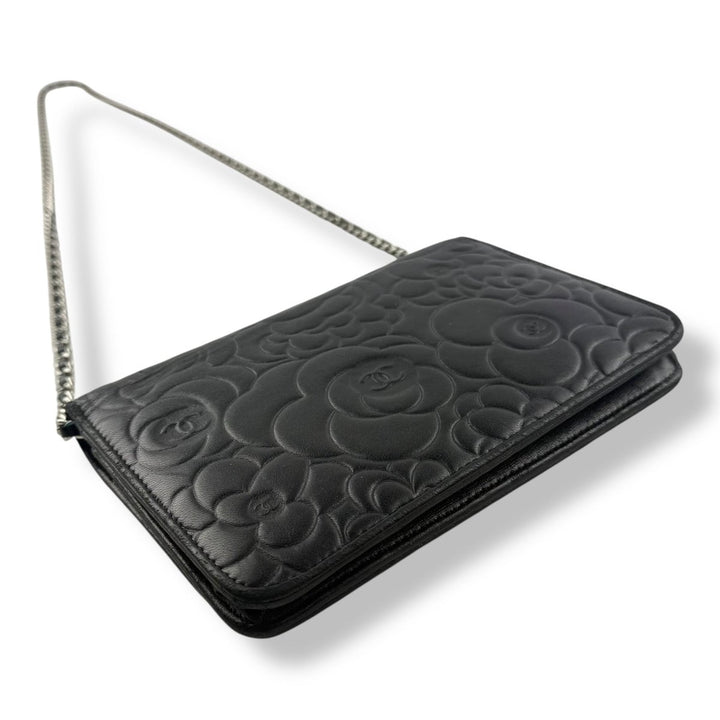 CHANEL Lambskin Quilted Camelia Wallet On Chain WOC Black Handbag - Lux Central