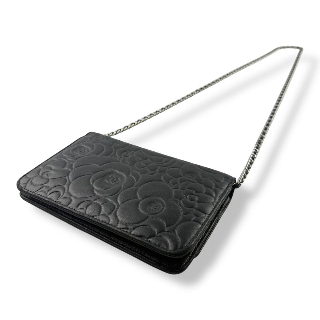 CHANEL Lambskin Quilted Camelia Wallet On Chain WOC Black Handbag - Lux Central