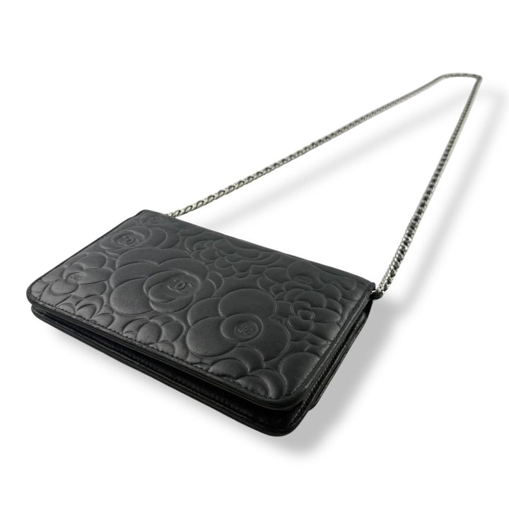 CHANEL Lambskin Quilted Camelia Wallet On Chain WOC Black Handbag - Lux Central
