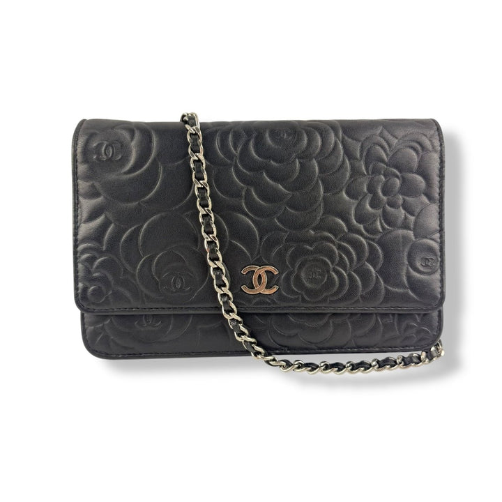 CHANEL Lambskin Quilted Camelia Wallet On Chain WOC Black Handbag - Lux Central