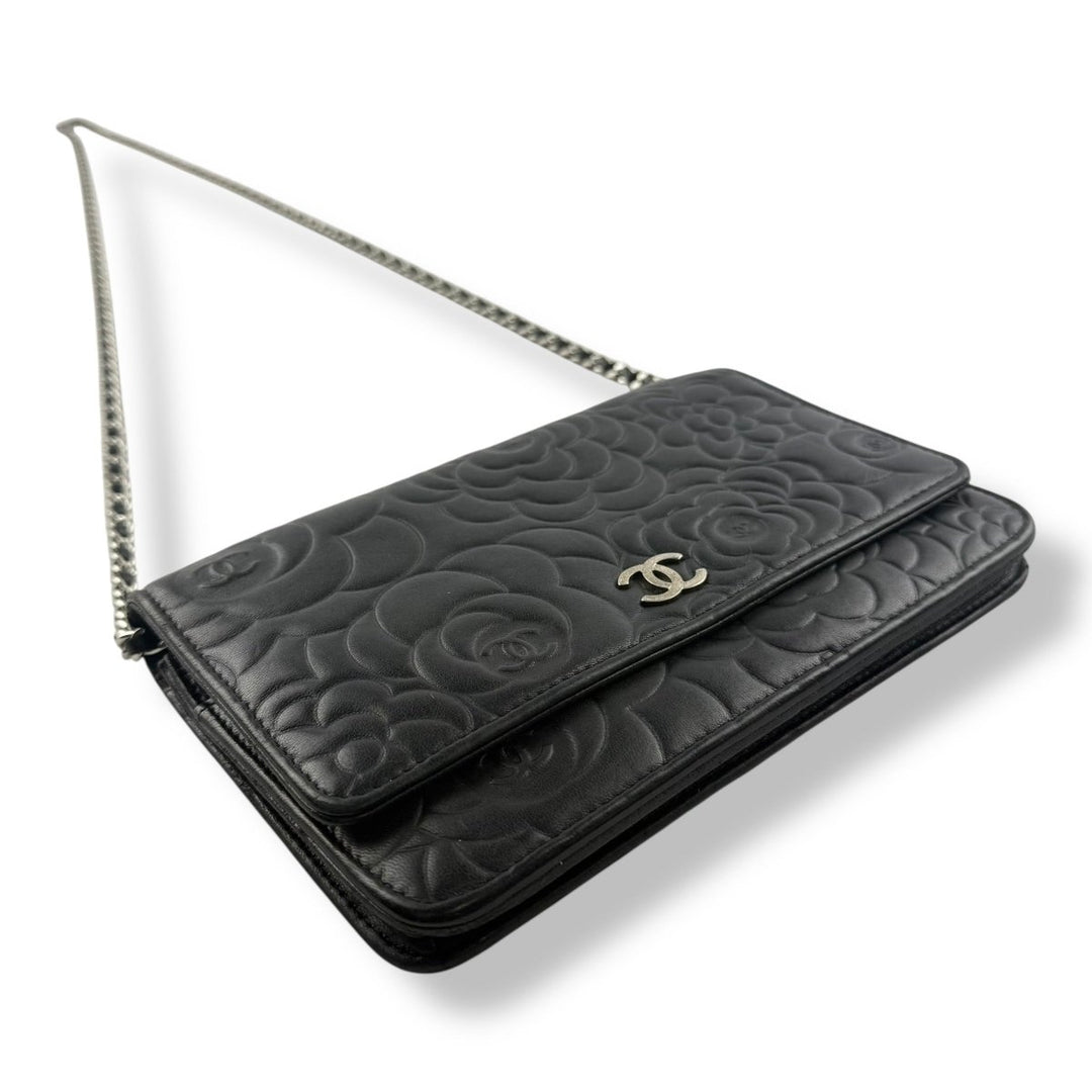CHANEL Lambskin Quilted Camelia Wallet On Chain WOC Black Handbag - Lux Central