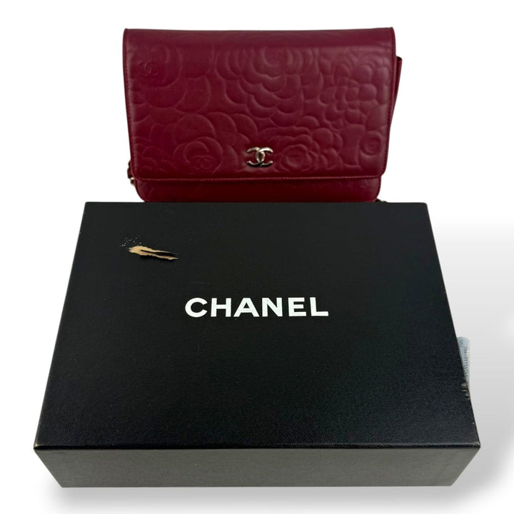 CHANEL Lambskin Quilted Camelia Wallet On Chain WOC Burgundy Handbag - Lux Central