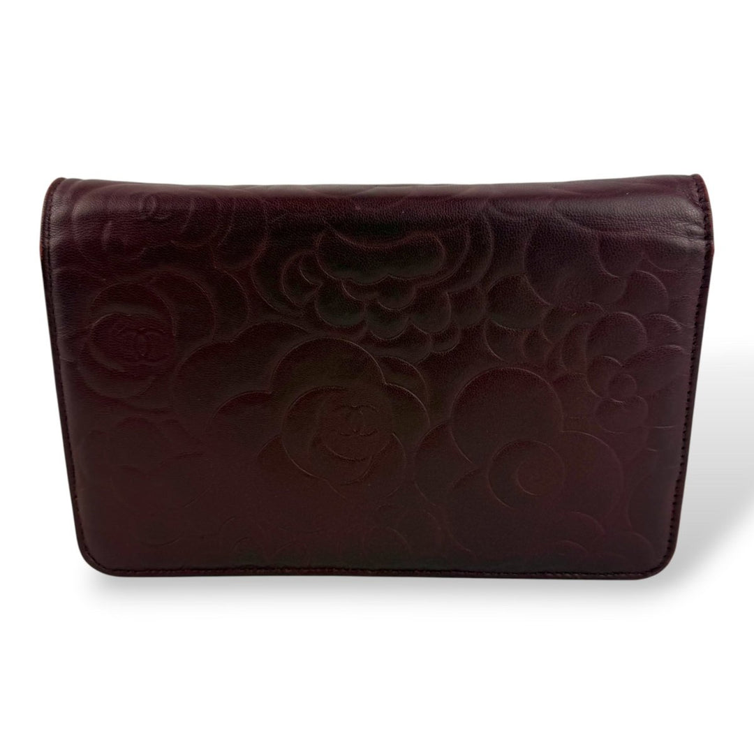 CHANEL Lambskin Quilted Camelia Wallet On Chain WOC Burgundy Handbag - Lux Central