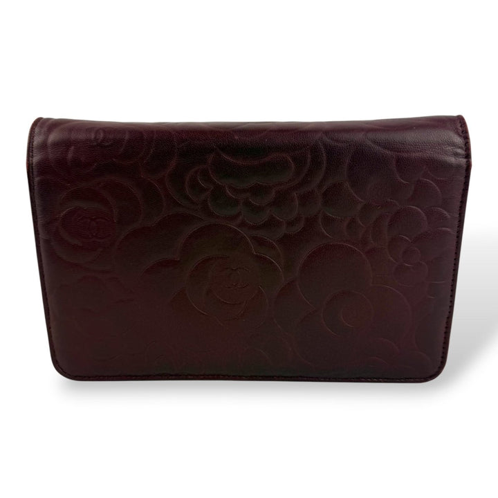 CHANEL Lambskin Quilted Camelia Wallet On Chain WOC Burgundy Handbag - Lux Central