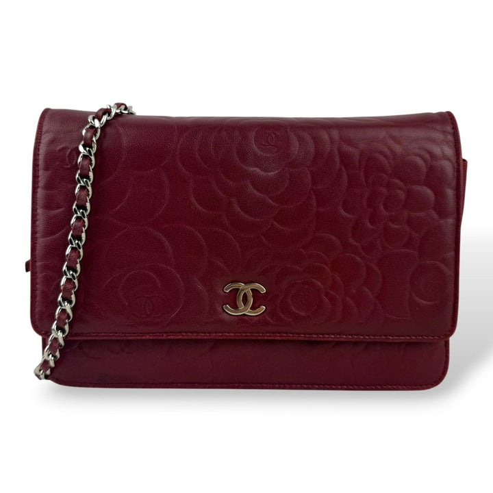 CHANEL Lambskin Quilted Camelia Wallet On Chain WOC Burgundy Handbag - Lux Central