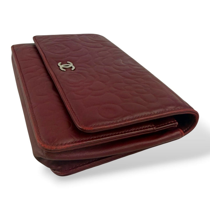 CHANEL Lambskin Quilted Camelia Wallet On Chain WOC Burgundy Handbag - Lux Central