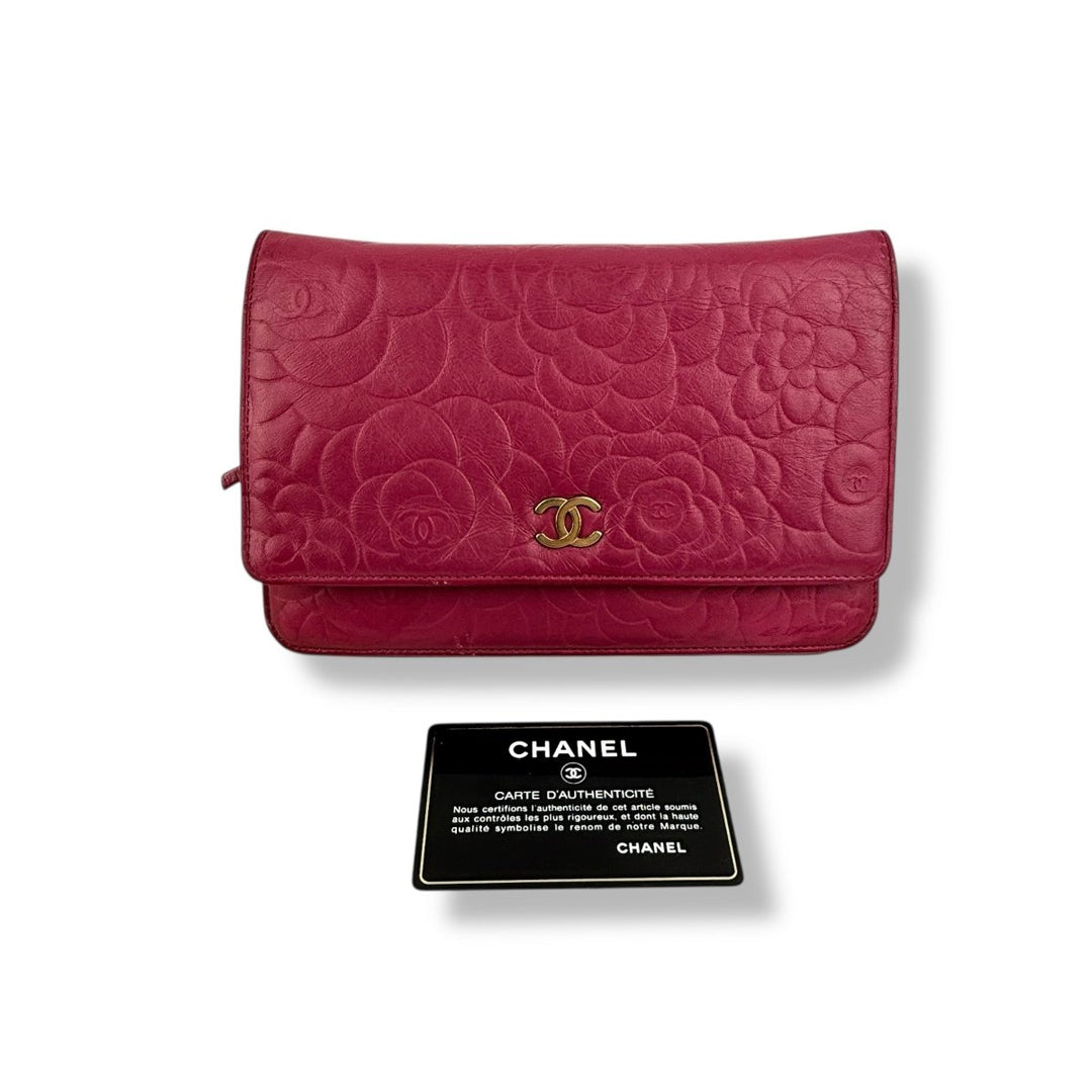 CHANEL Lambskin Quilted Camelia Wallet On Chain WOC Fuchsia Handbag - Lux Central
