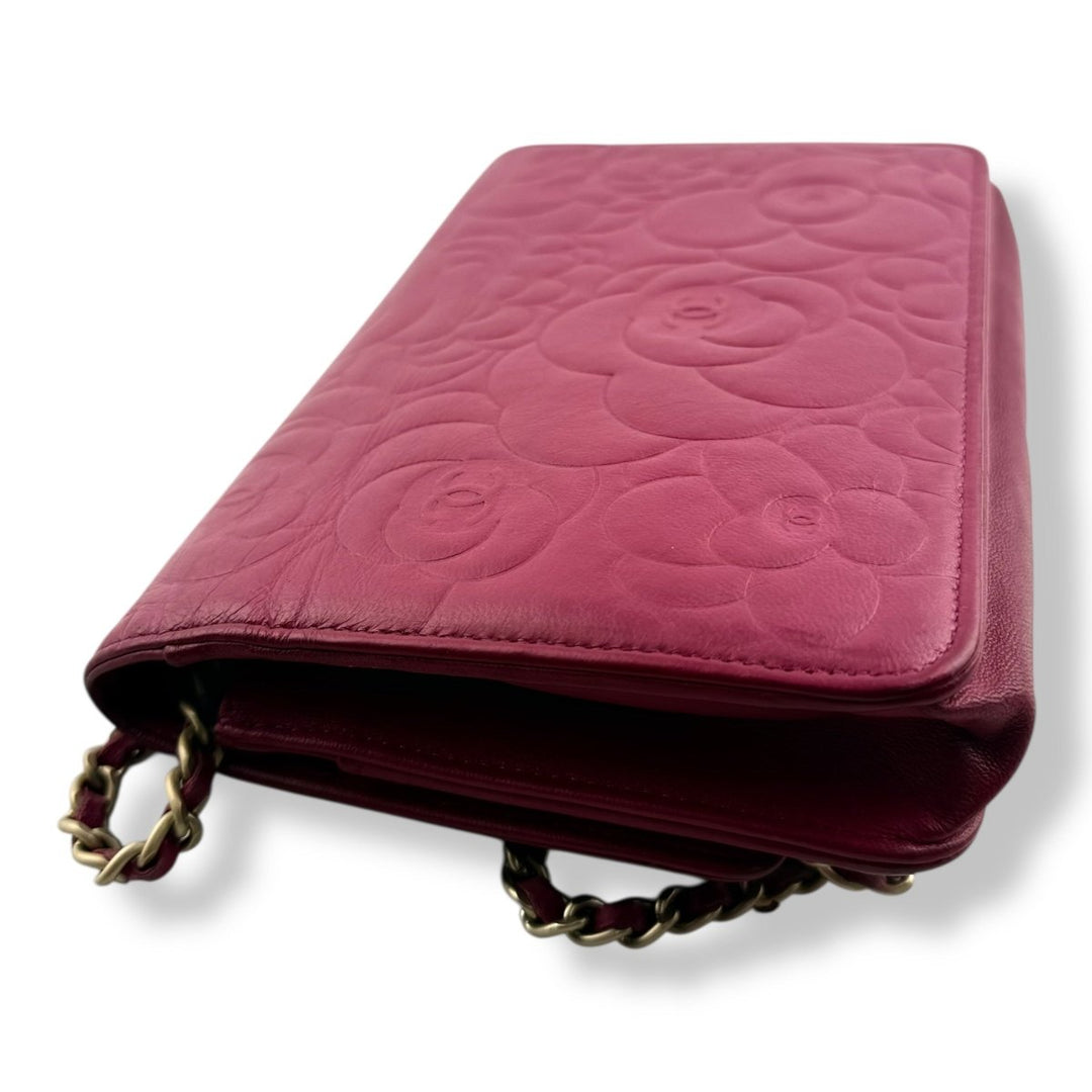 CHANEL Lambskin Quilted Camelia Wallet On Chain WOC Fuchsia Handbag - Lux Central