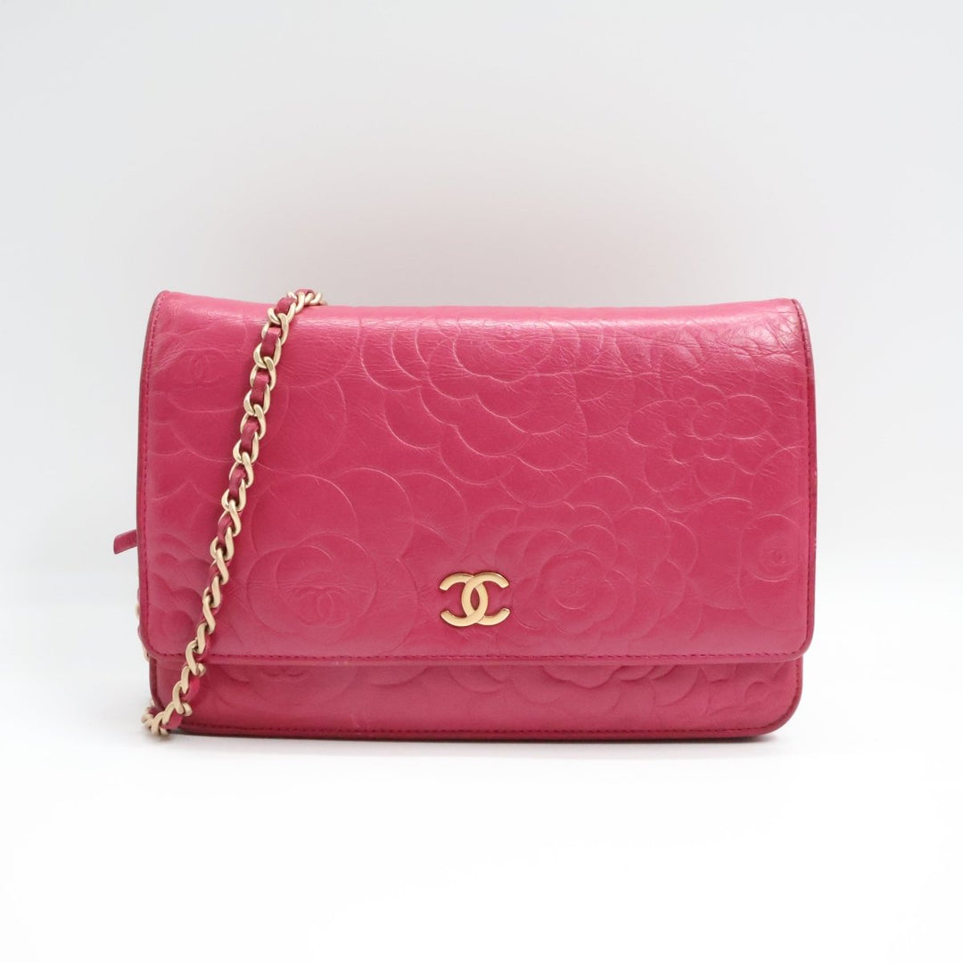 Chanel Lambskin Quilted Camelia Wallet On Chain WOC Fuchsia Handbag - Lux Central