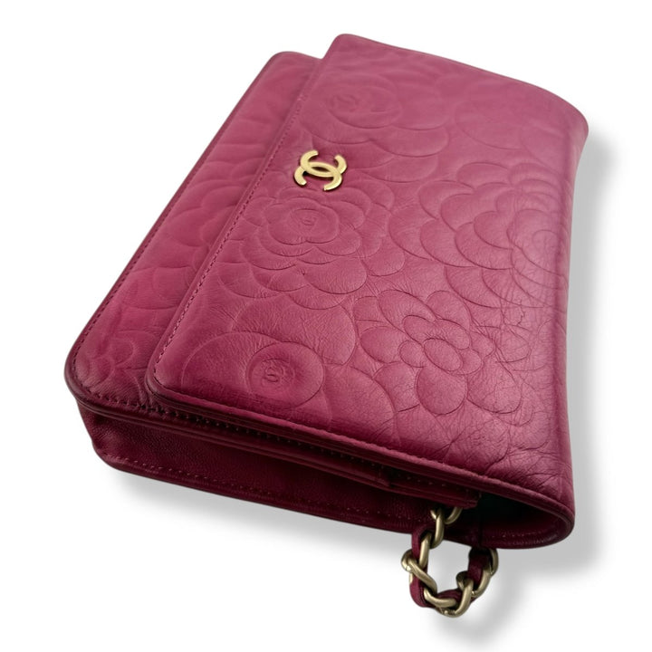 CHANEL Lambskin Quilted Camelia Wallet On Chain WOC Fuchsia Handbag - Lux Central