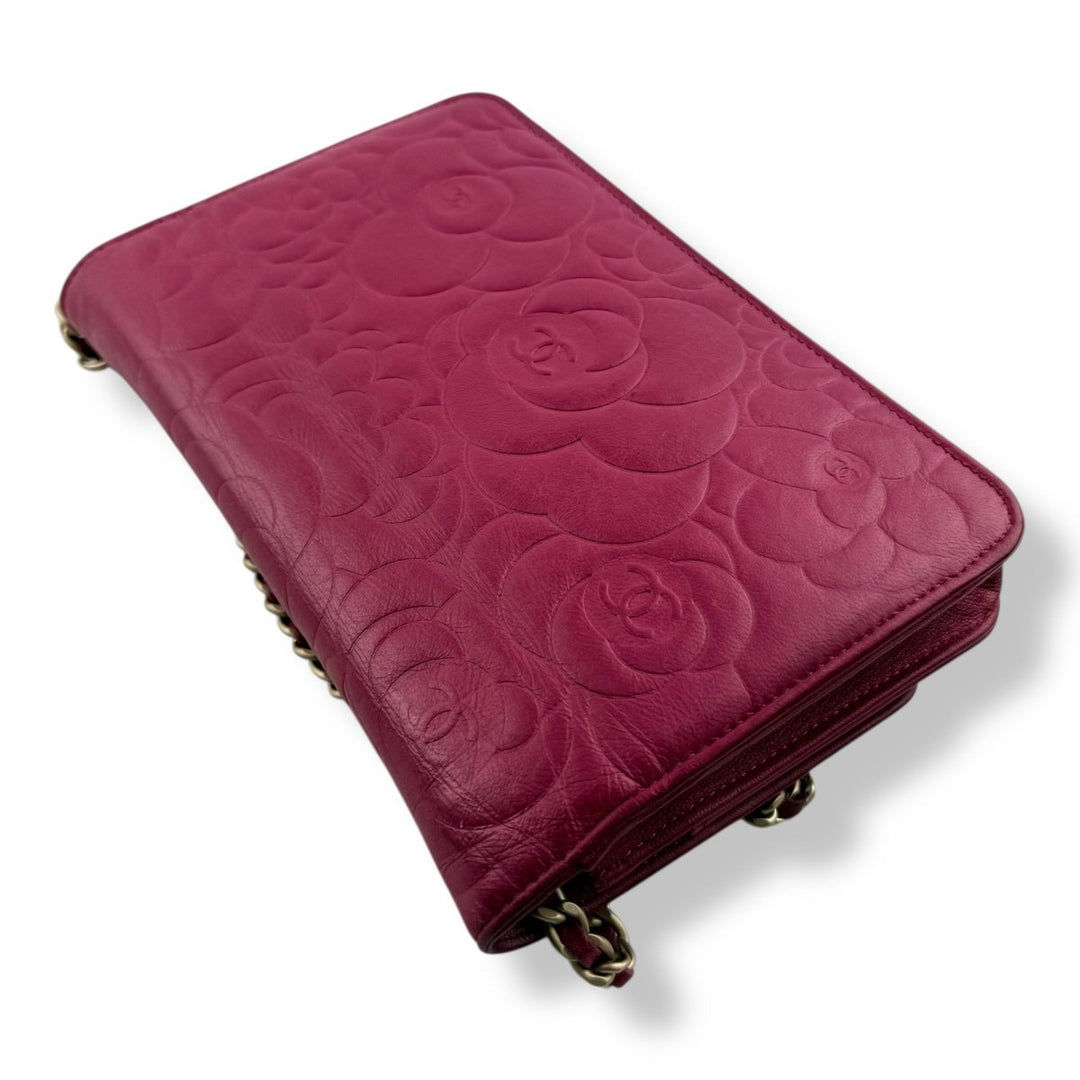 CHANEL Lambskin Quilted Camelia Wallet On Chain WOC Fuchsia Handbag - Lux Central