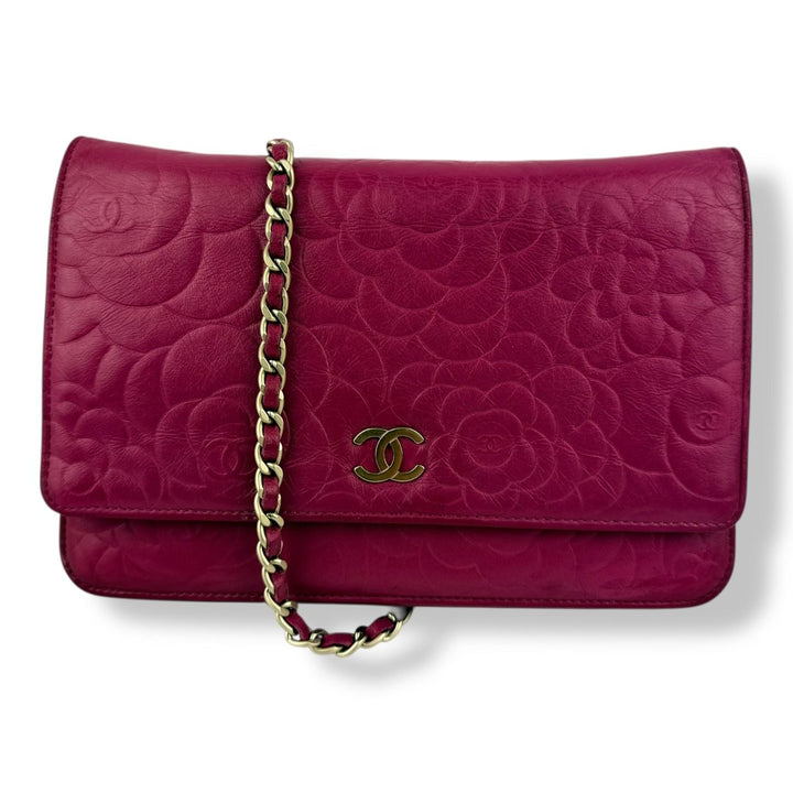 CHANEL Lambskin Quilted Camelia Wallet On Chain WOC Fuchsia Handbag - Lux Central