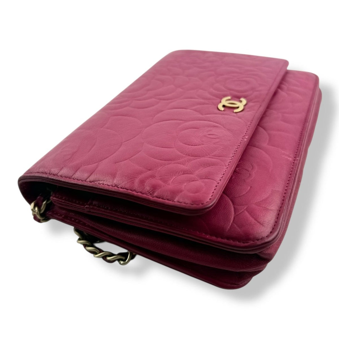 CHANEL Lambskin Quilted Camelia Wallet On Chain WOC Fuchsia Handbag - Lux Central