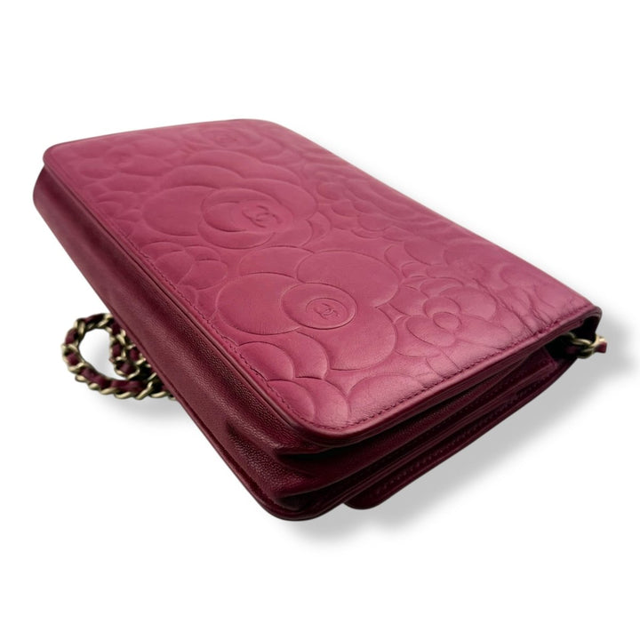 CHANEL Lambskin Quilted Camelia Wallet On Chain WOC Fuchsia Handbag - Lux Central