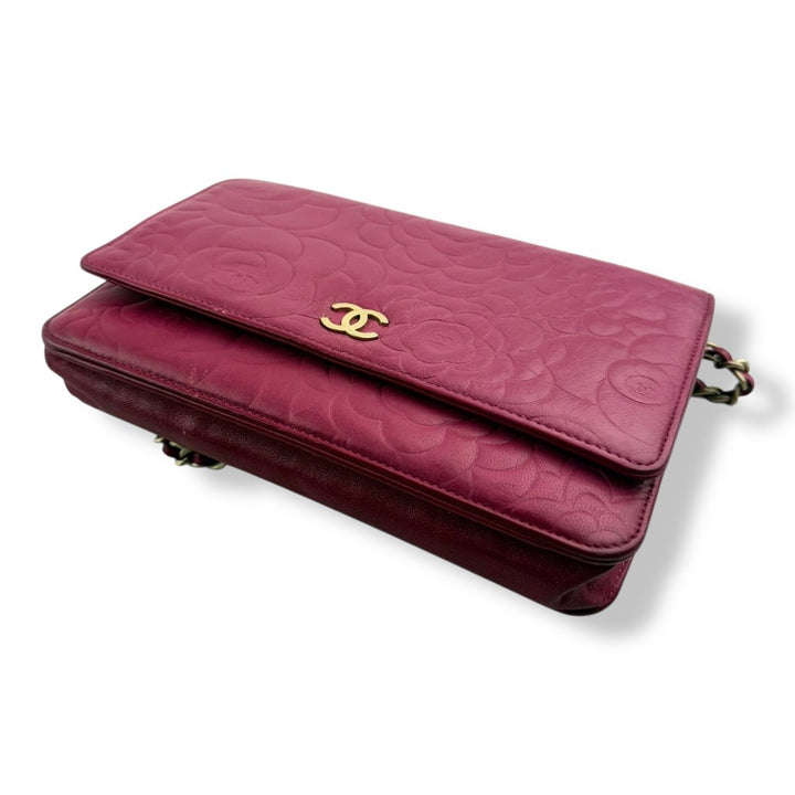CHANEL Lambskin Quilted Camelia Wallet On Chain WOC Fuchsia Handbag - Lux Central