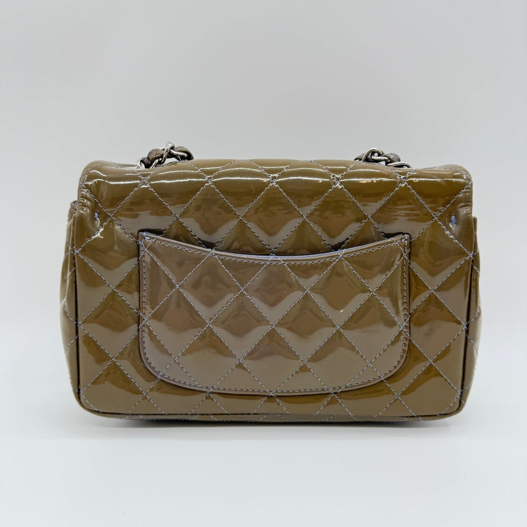 Chanel Mini Classic Flap Patent Leather Khaki Handbag - Lux Central