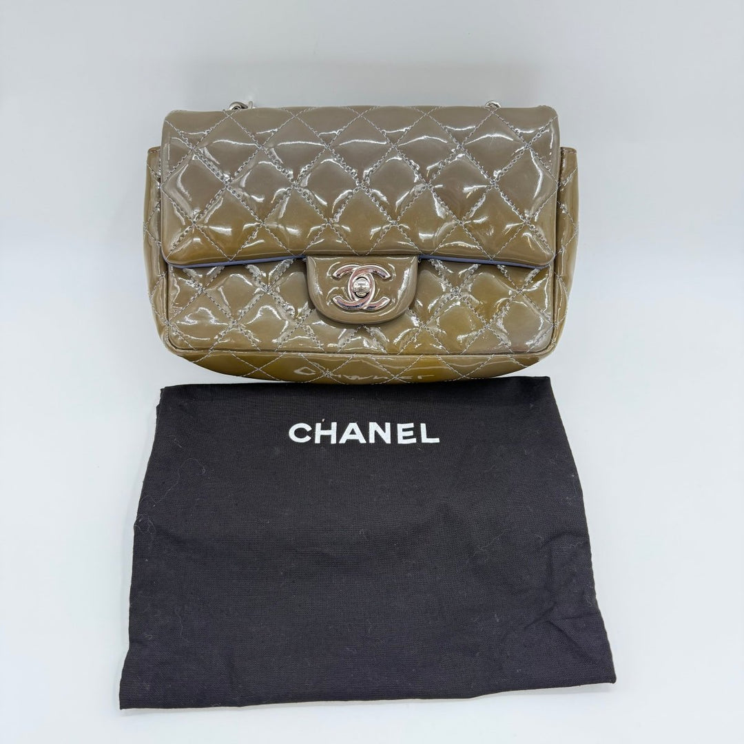 Chanel Mini Classic Flap Patent Leather Khaki Handbag - Lux Central