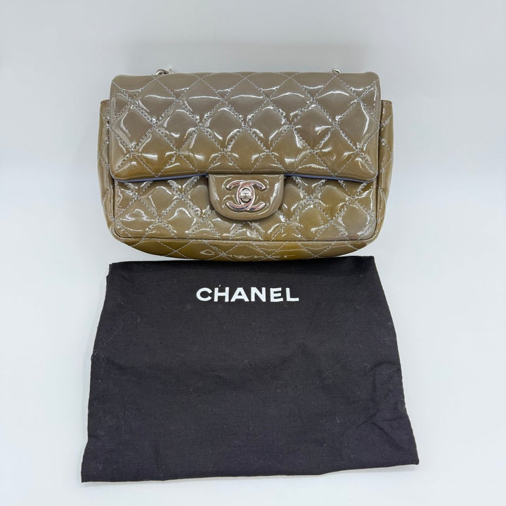 Chanel Mini Classic Flap Patent Leather Khaki Handbag - Lux Central