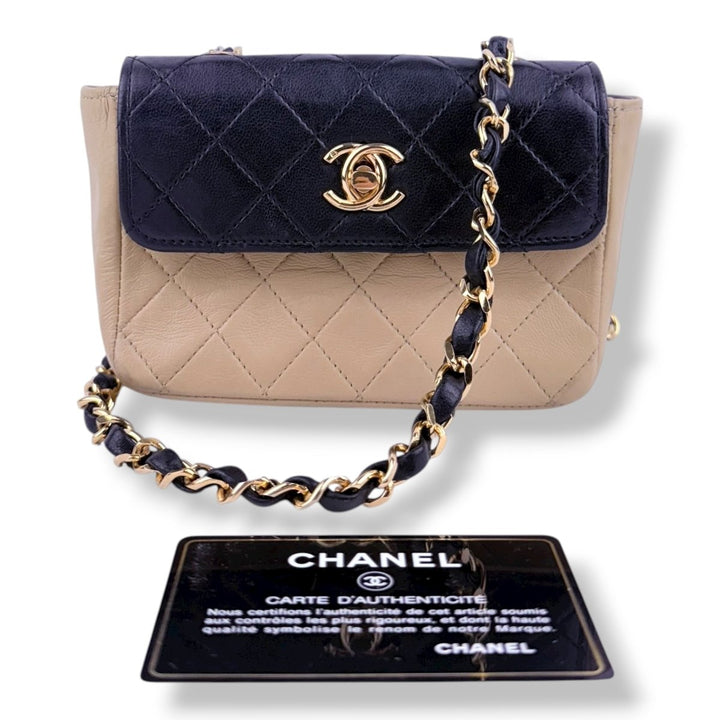 Chanel Mini Matelasse Chain Lambskin Beige Black Gold Handbag - Lux Central
