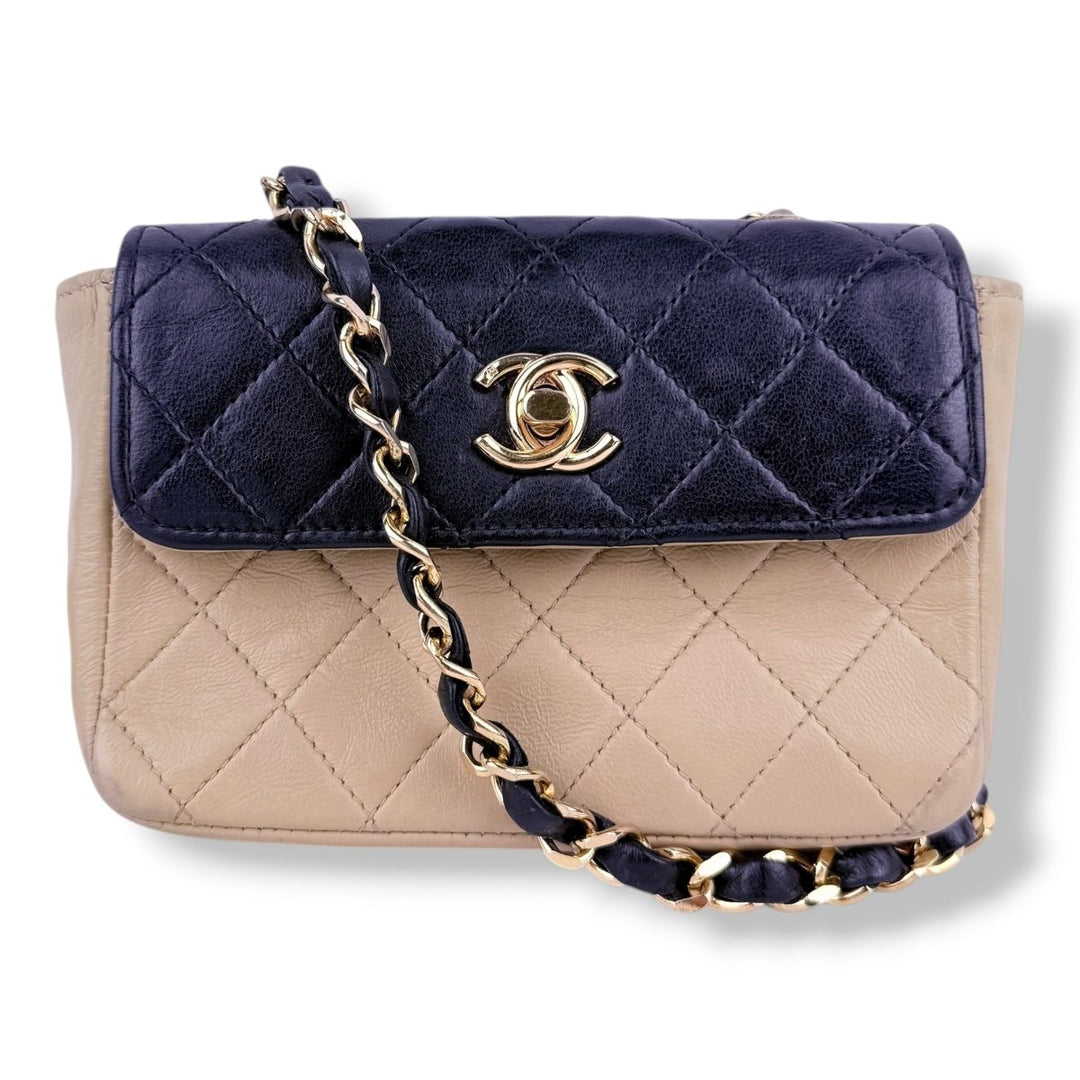 Chanel Mini Matelasse Chain Lambskin Beige Black Gold Handbag - Lux Central