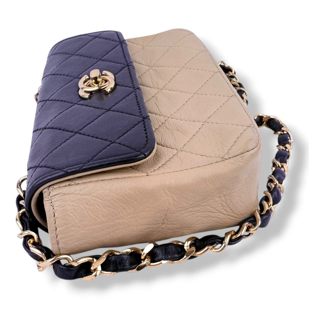 Chanel Mini Matelasse Chain Lambskin Beige Black Gold Handbag - Lux Central