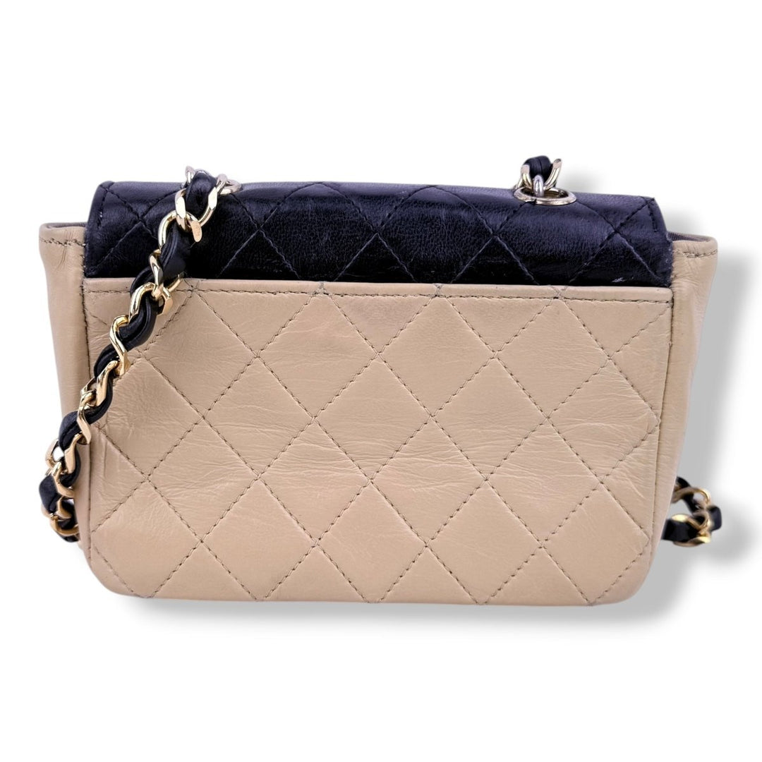Chanel Mini Matelasse Chain Lambskin Beige Black Gold Handbag - Lux Central
