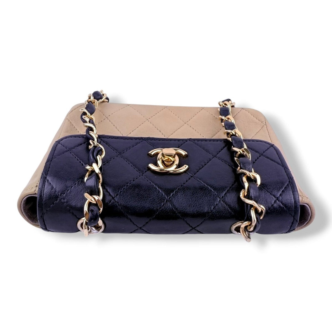 Chanel Mini Matelasse Chain Lambskin Beige Black Gold Handbag - Lux Central