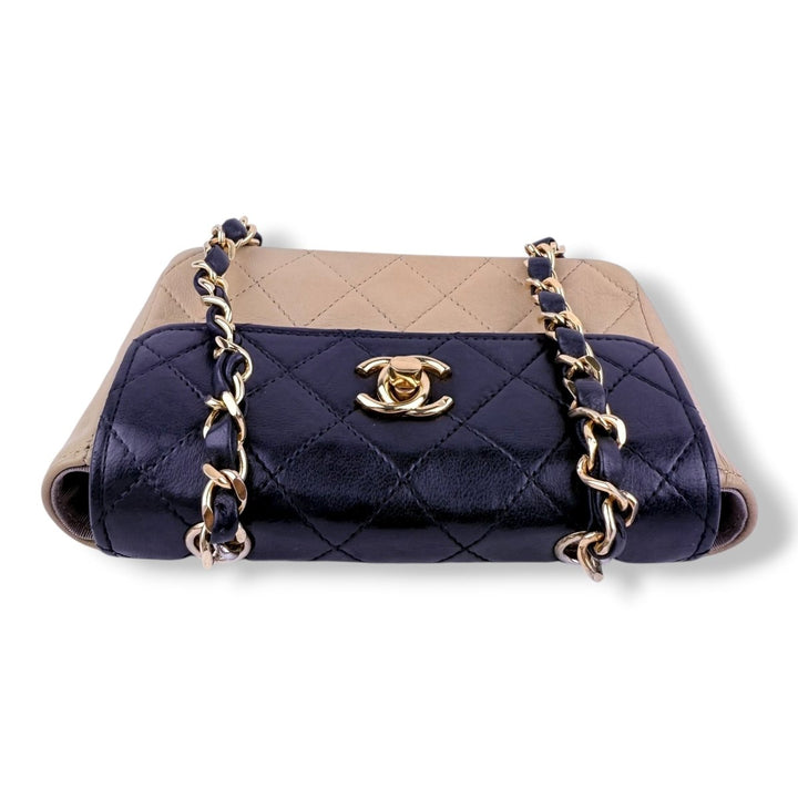 Chanel Mini Matelasse Chain Lambskin Beige Black Gold Handbag - Lux Central