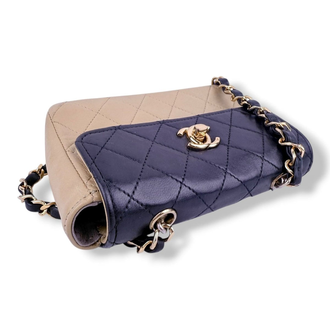 Chanel Mini Matelasse Chain Lambskin Beige Black Gold Handbag - Lux Central