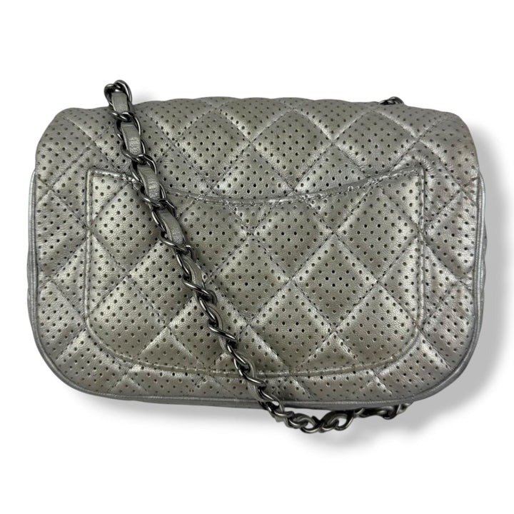 Chanel Mini Perforated Classic Flap Lambskin Silver Handbag - Lux Central