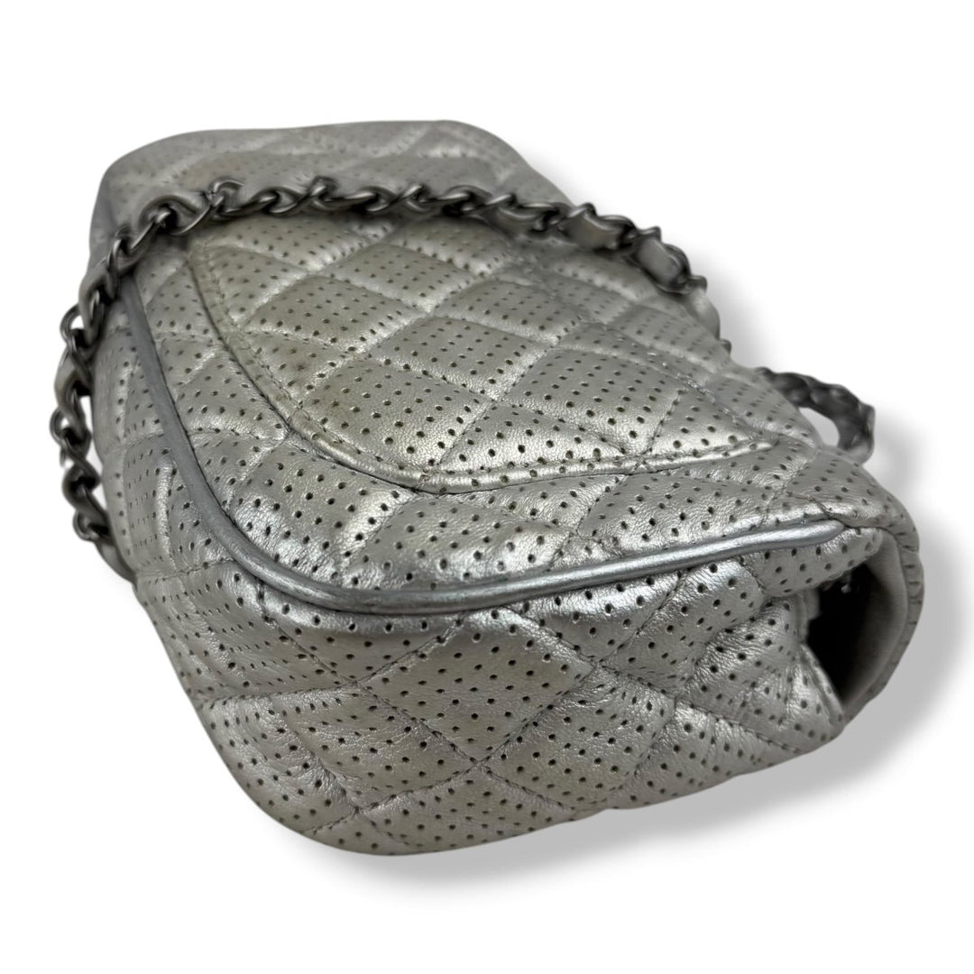 Chanel Mini Perforated Classic Flap Lambskin Silver Handbag - Lux Central