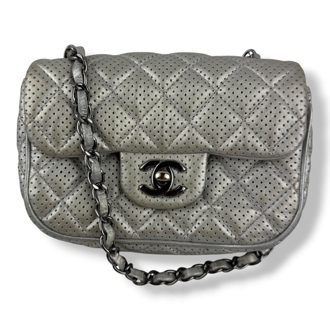 Chanel Mini Perforated Classic Flap Lambskin Silver Handbag - Lux Central