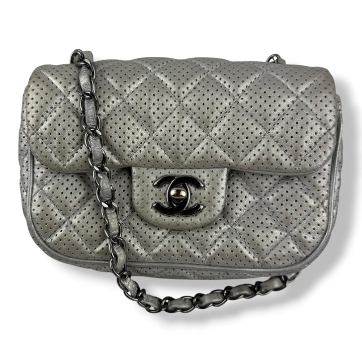 Chanel Mini Perforated Classic Flap Lambskin Silver Handbag - Lux Central