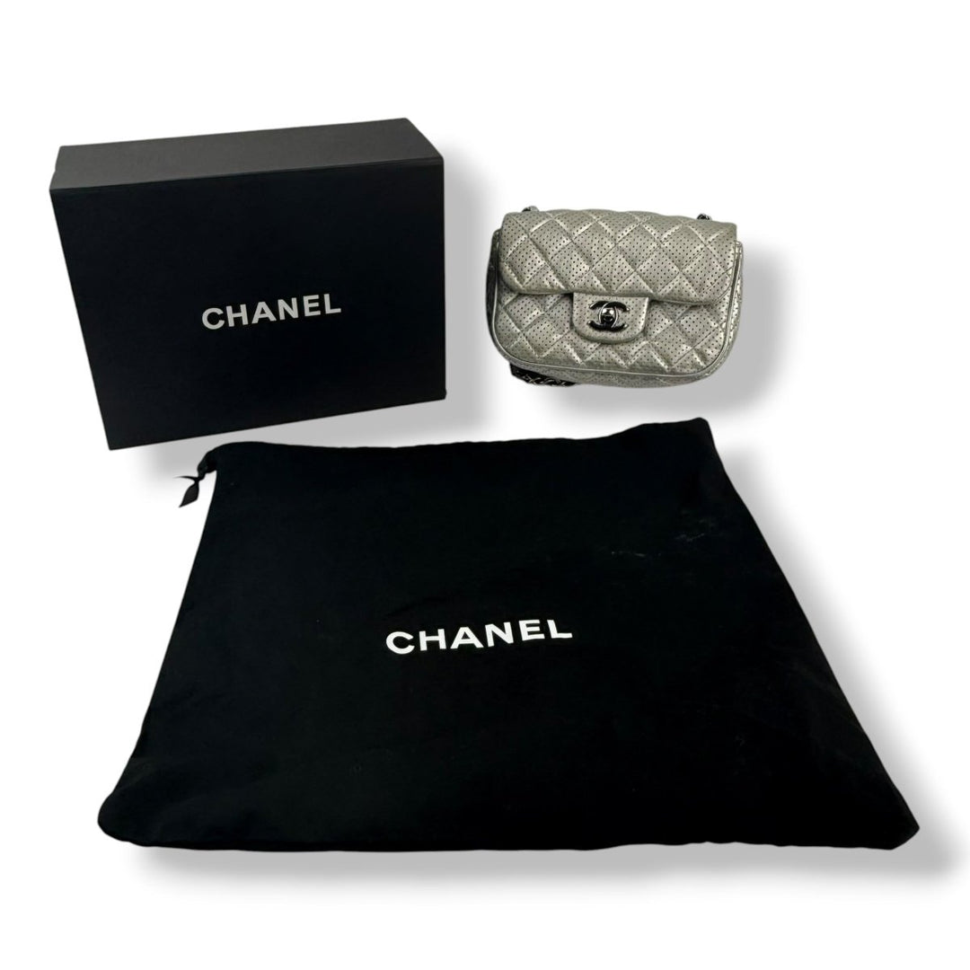 Chanel Mini Perforated Classic Flap Lambskin Silver Handbag - Lux Central
