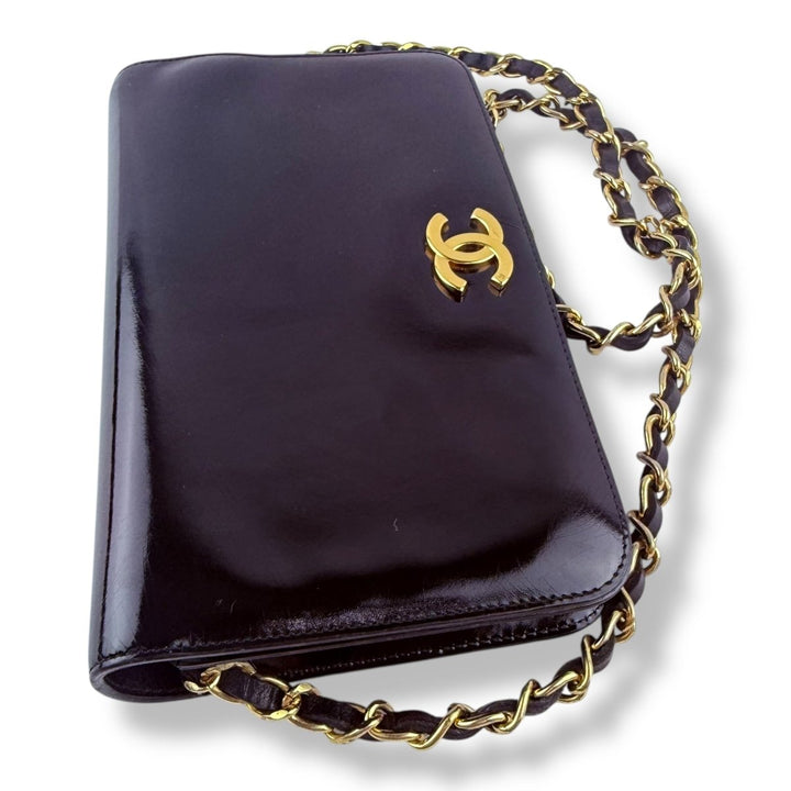 Chanel Patent Leather Black Push Wallet Chain Wallet Handbag - Lux Central