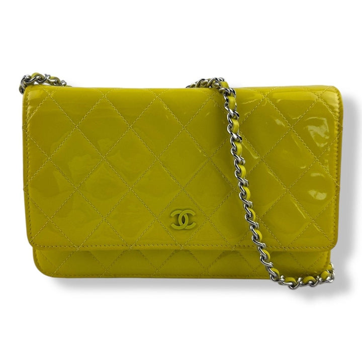 CHANEL Patent Quilted Wallet On Chain WOC Yellow Handbag - Lux Central