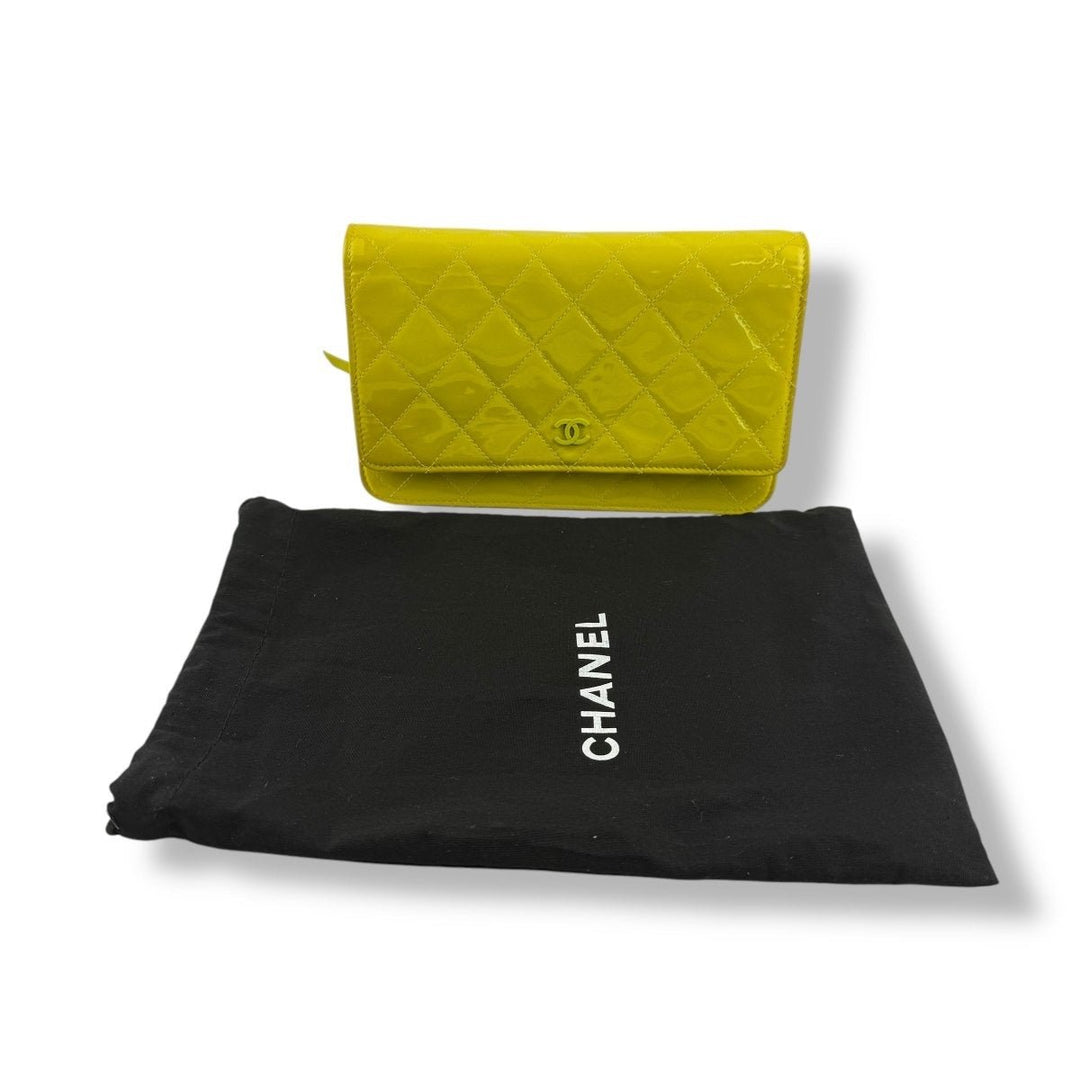 CHANEL Patent Quilted Wallet On Chain WOC Yellow Handbag - Lux Central