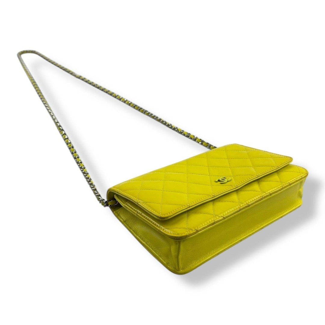 CHANEL Patent Quilted Wallet On Chain WOC Yellow Handbag - Lux Central