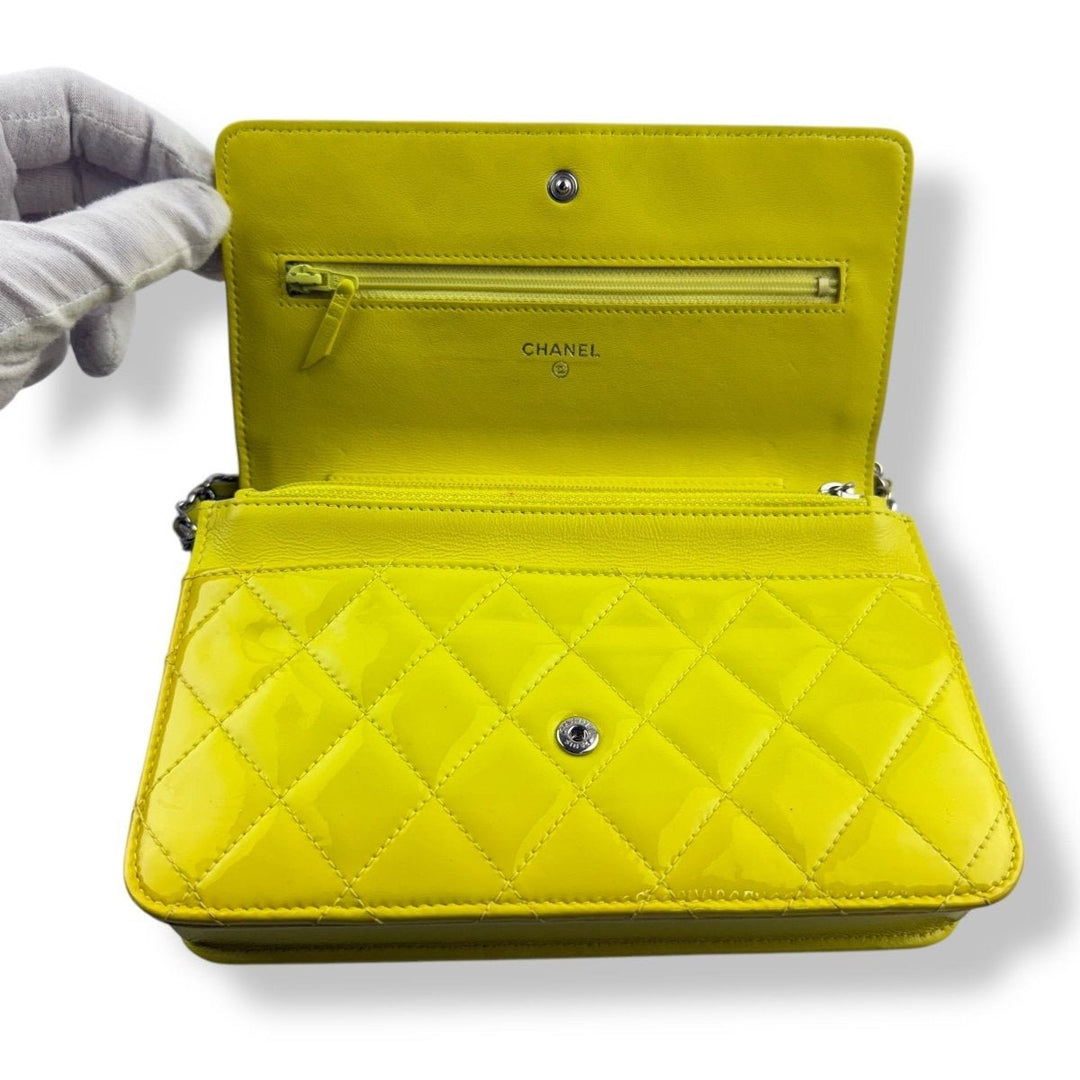 CHANEL Patent Quilted Wallet On Chain WOC Yellow Handbag - Lux Central