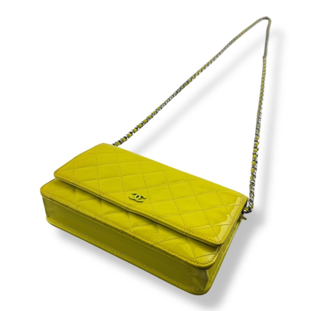 CHANEL Patent Quilted Wallet On Chain WOC Yellow Handbag - Lux Central