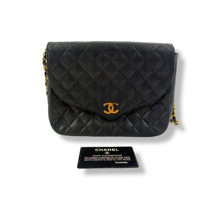 Chanel Push Lock Black Lambskin Leather Shoulder Vintage Handbag - Lux Central