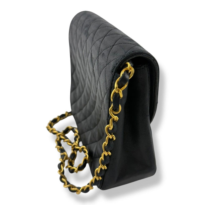 Chanel Push Lock Black Lambskin Leather Shoulder Vintage Handbag - Lux Central