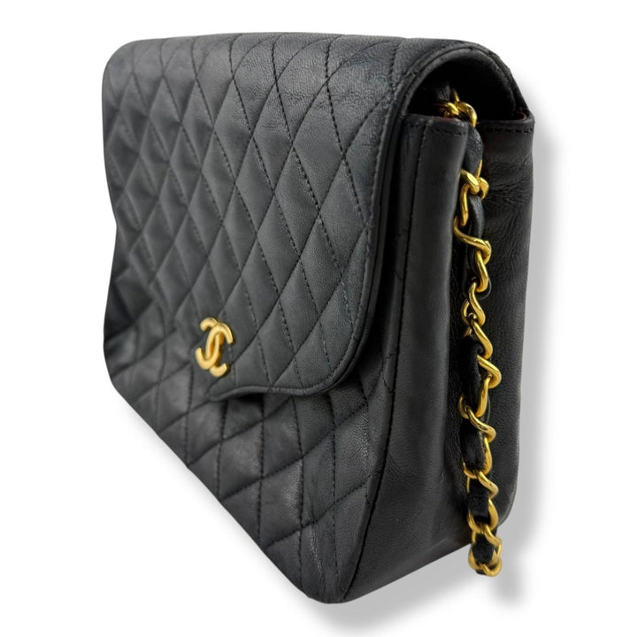 Chanel Push Lock Black Lambskin Leather Shoulder Vintage Handbag - Lux Central