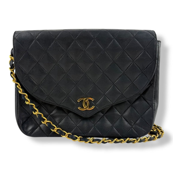 Chanel Push Lock Black Lambskin Leather Shoulder Vintage Handbag - Lux Central
