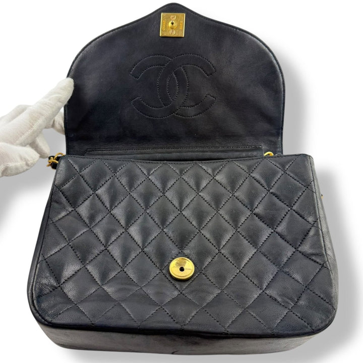 Chanel Push Lock Black Lambskin Leather Shoulder Vintage Handbag - Lux Central