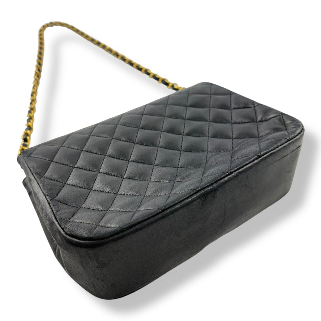 Chanel Push Lock Black Lambskin Leather Shoulder Vintage Handbag - Lux Central