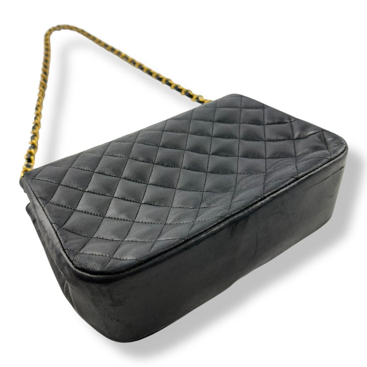 Chanel Push Lock Black Lambskin Leather Shoulder Vintage Handbag - Lux Central