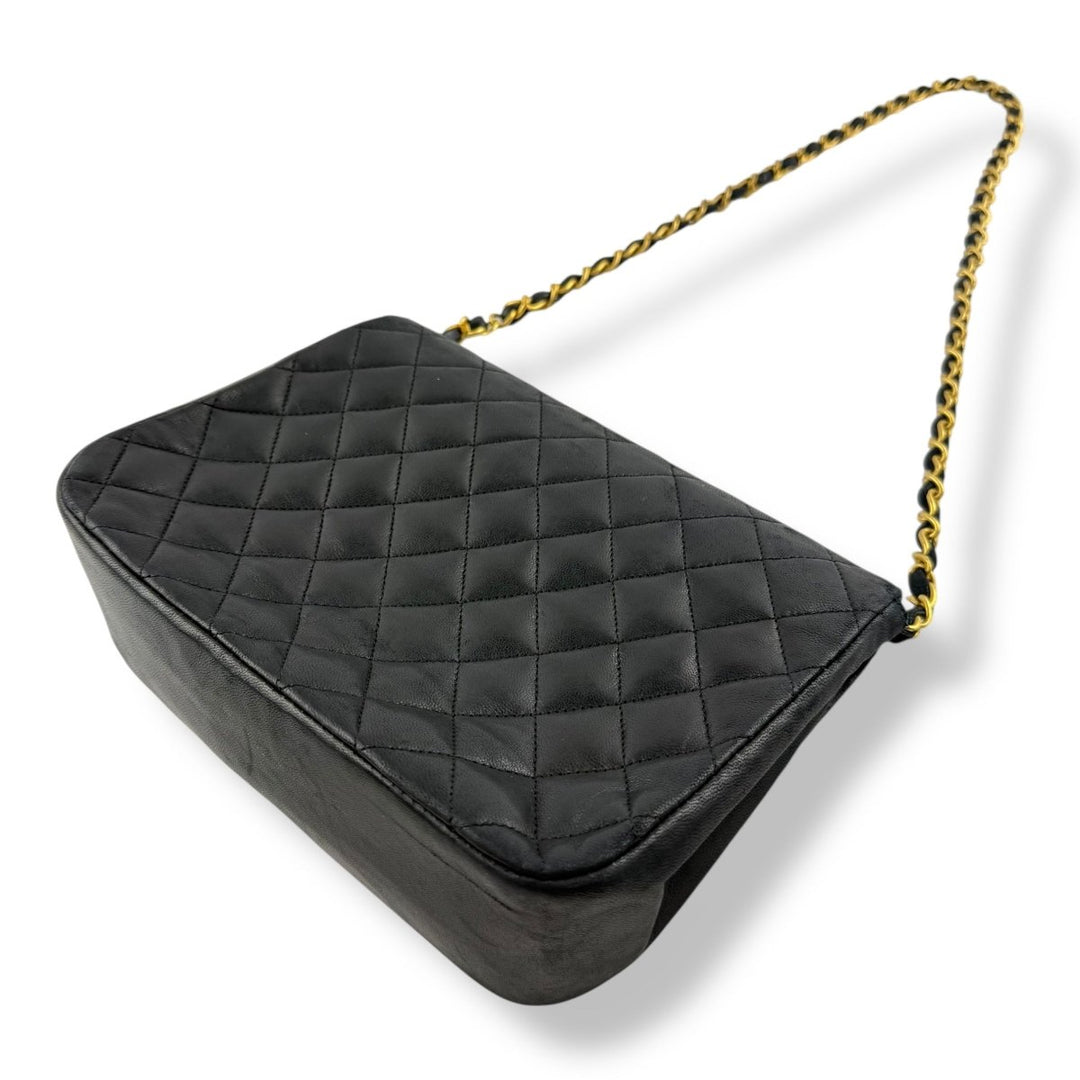 Chanel Push Lock Black Lambskin Leather Shoulder Vintage Handbag - Lux Central